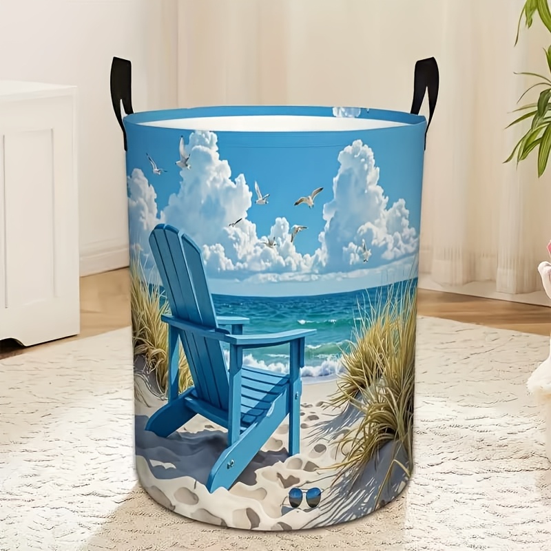 E-shop 1 Stück Robuster Faltbarer Wäschekorb & Aufbewahrungsorganizer - Türkisblaues Stranddesign Runder Wäschekorb mit Stabilem Schwarzen Boden,