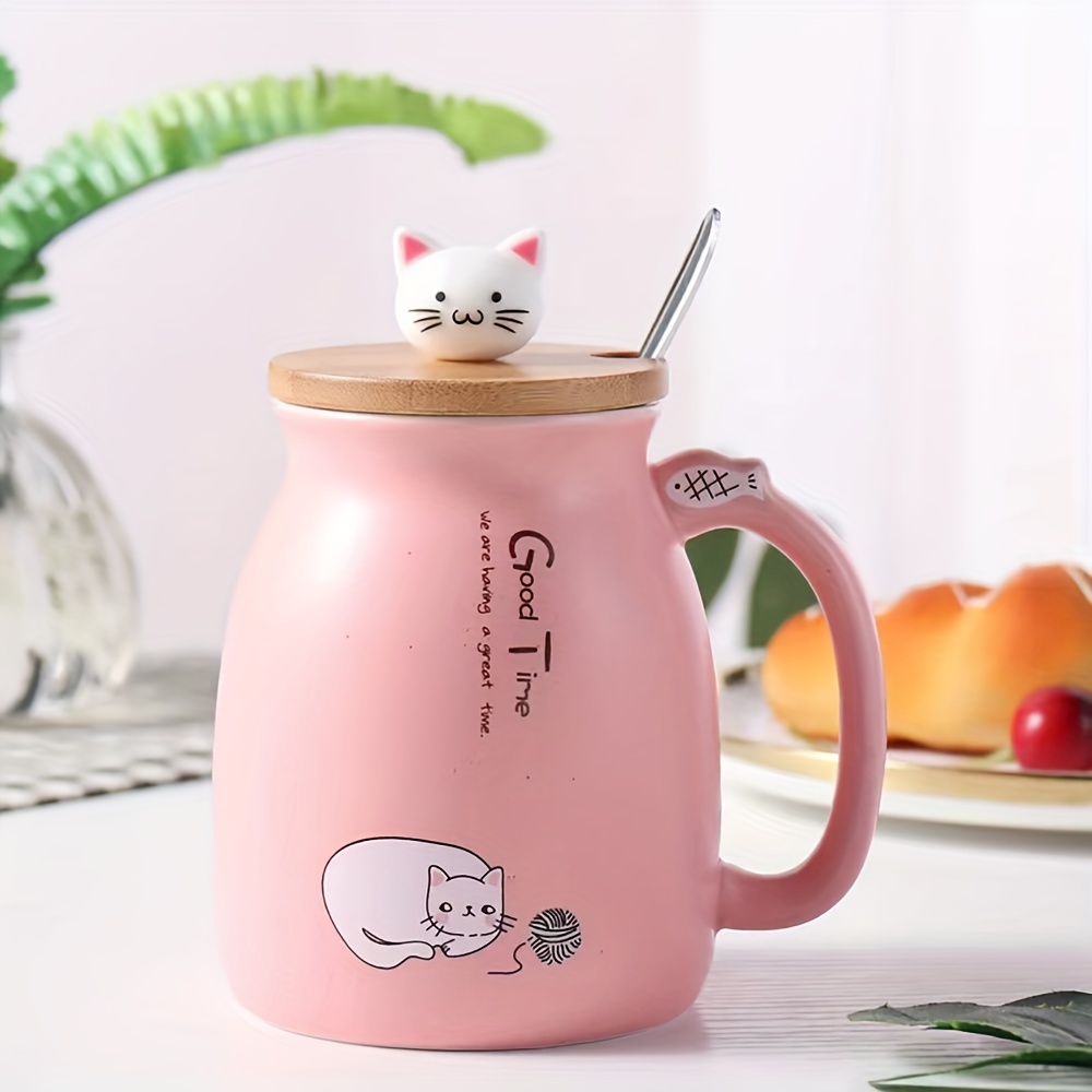Image of 1 Lid 1 Spoon, Cute Cat Ceramic Mug With Lid And Spoon, Cartoon Water Cup For Breakfast And Milk, Holiday Gift 420ml
