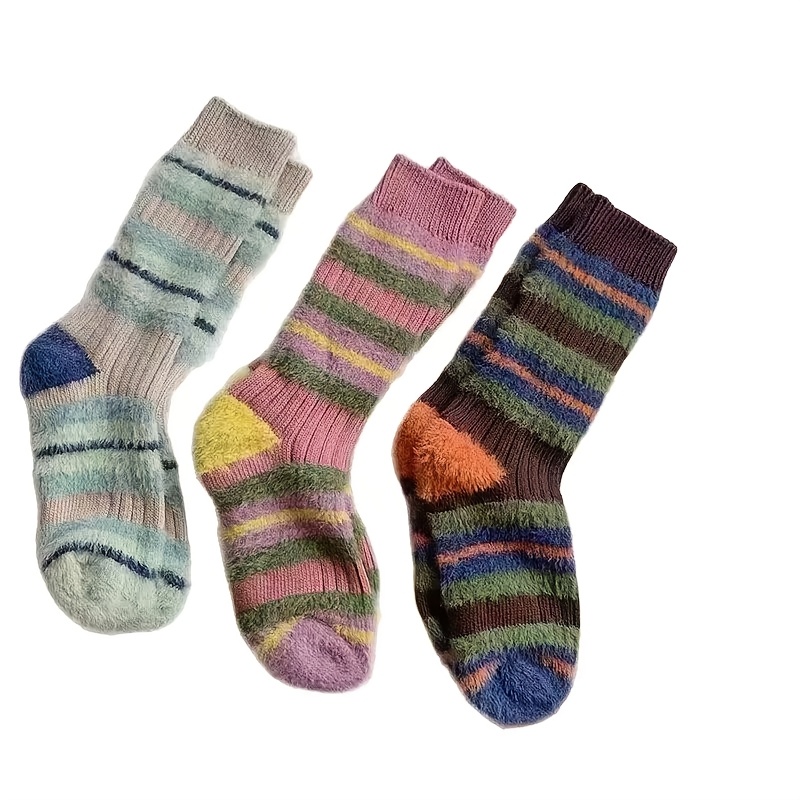 TEMU 3-pair Vintage Color-block Striped -lined Mid-calf Women's Socks, Soft And Thick Plush Slouch Socks For , Warm Autumn/winter Socks, Stylish And