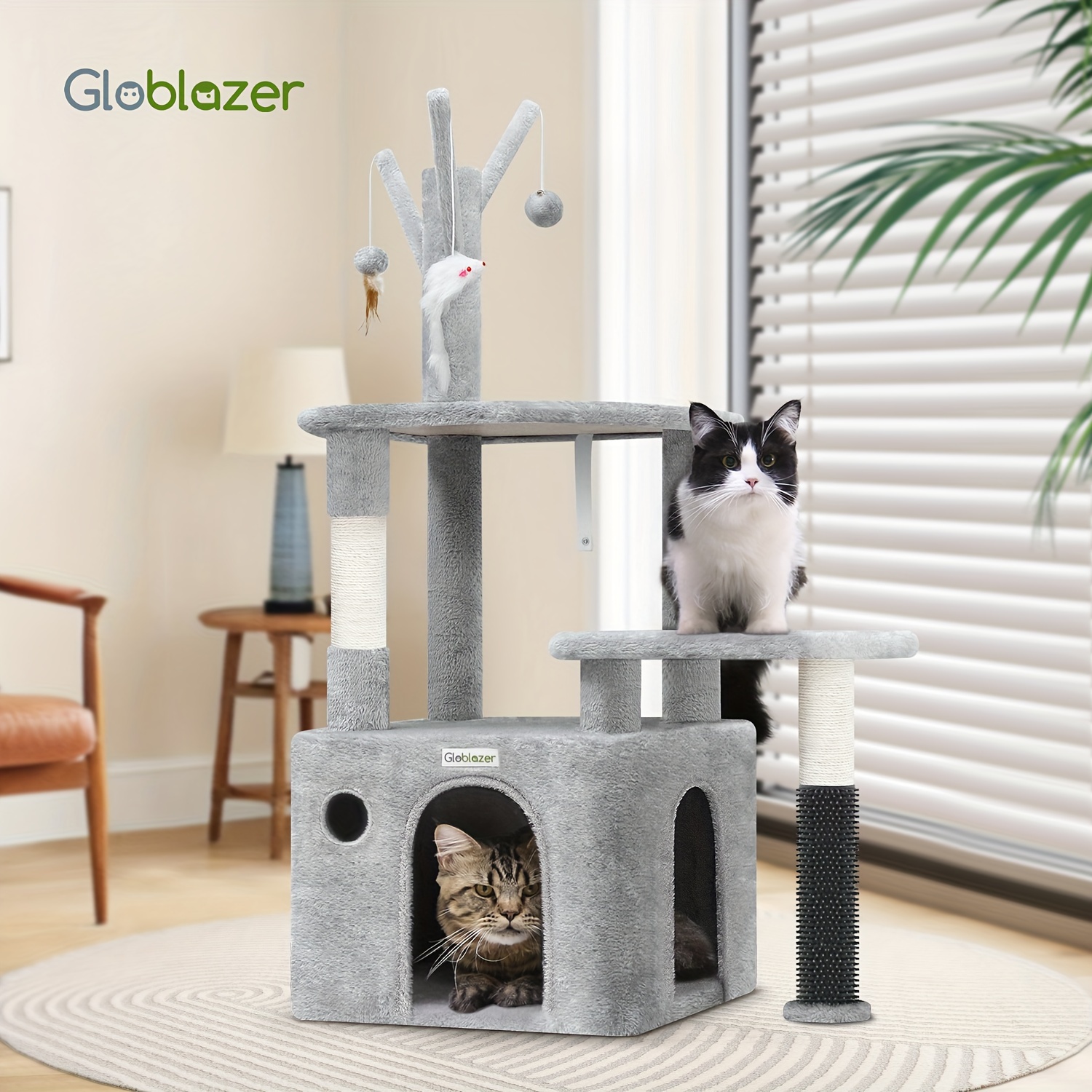 

F44 Cactus Cat Tree Tower | 46-inch Sturdy Cat Condo With Scratching Posts, Cat Self Groomer Brush, And Anti-tip Kit | Ideal For Small & Large | Materials, Light Gray