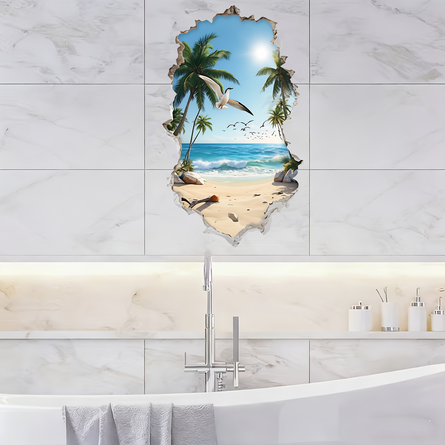 Image of 3d Visual Effect Beach Landscape Wall Sticker, Suitable For Living Room, Bedroom, And Bathroom Decoration To Cover Stains, Self-adhesive And Removable (2d Flat Printing)., 2d Flat