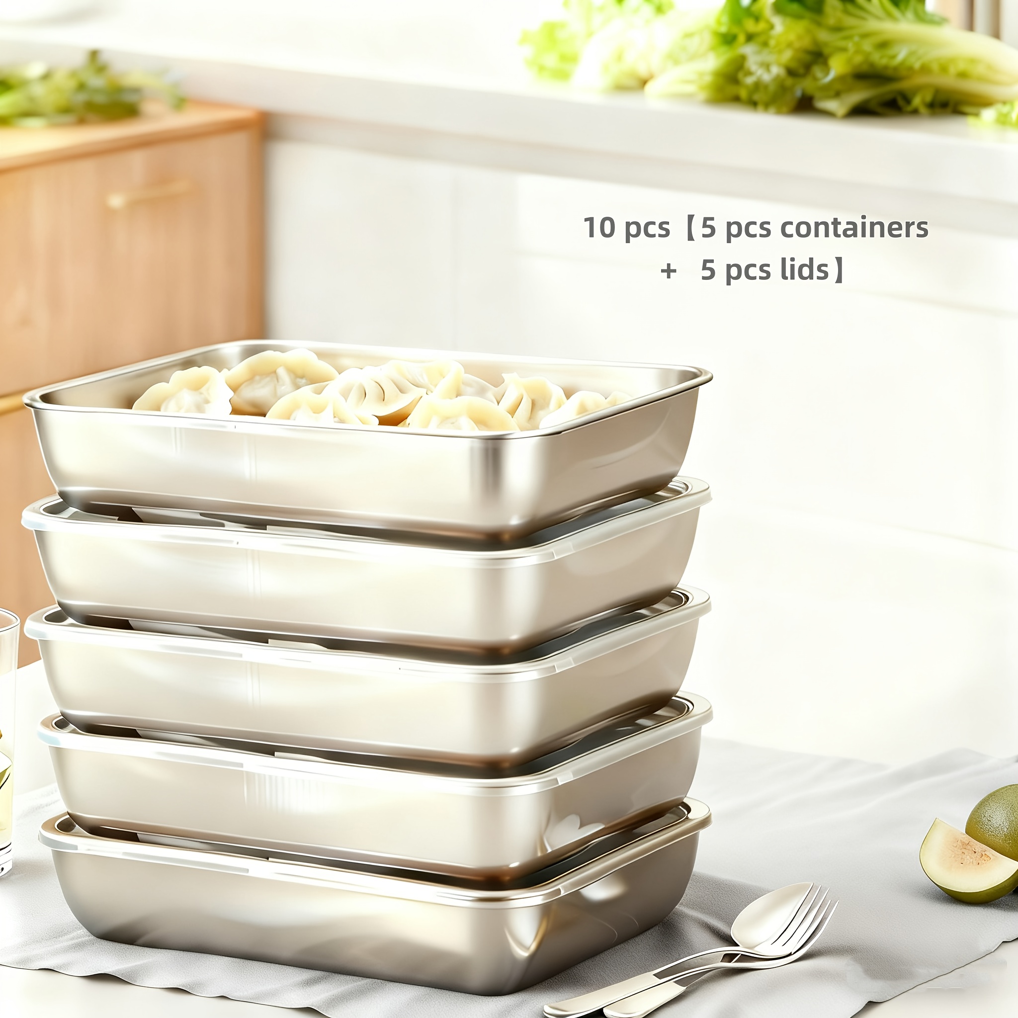 TEMU 10pcs (5 Trays   5 Lids) Stainless Steel Baking Food Storage Containers With Design, Stackable, Baking-specific, Microwave-safe, Rectangular,
