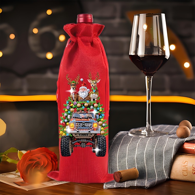 TEMU 1pc Diy 5d Diamond Painting Christmas Wine Bottle Bag - Shaped Art Linen Wine Gift Bag With A Featuring Santa Claus, Deer, And Mountain Bike