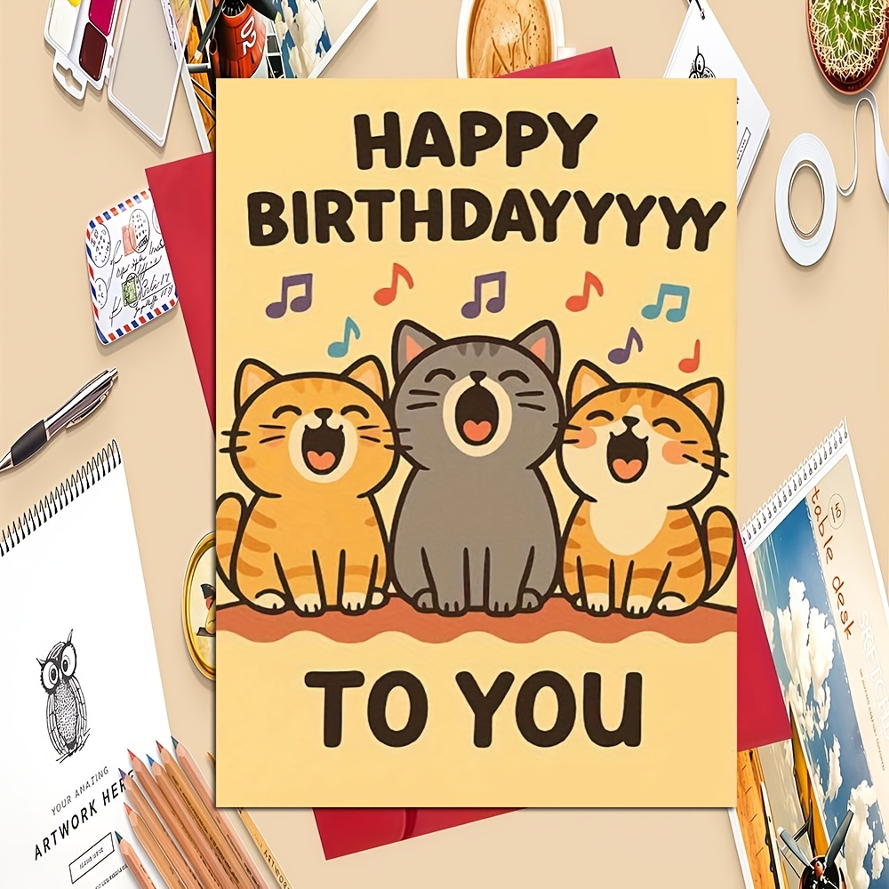 TEMU 1pc Cute Birthday Card, Includes Envelope - 4-color Kitten Tabby/tuxedo Design, Happy Birthday Song And Message, Suitable For Adults, Relatives,