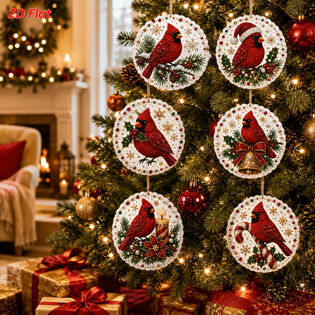 TEMU Lot de 6 pièces Étiquette en bois à suspendre Cardinal de Noël plat 2D, Peinture diamant perle DIY, Impression HD de 3,07 pouces, Kit complet de