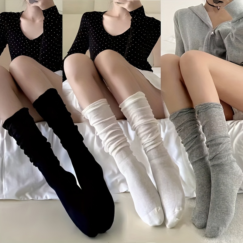 TEMU 3 Pairs Of Solid Socks For Spring And Autumn, Bubble Ballet Style, For Boots, Lightweight And Breathable Calf Socks, Soft And Versatile Mid-calf