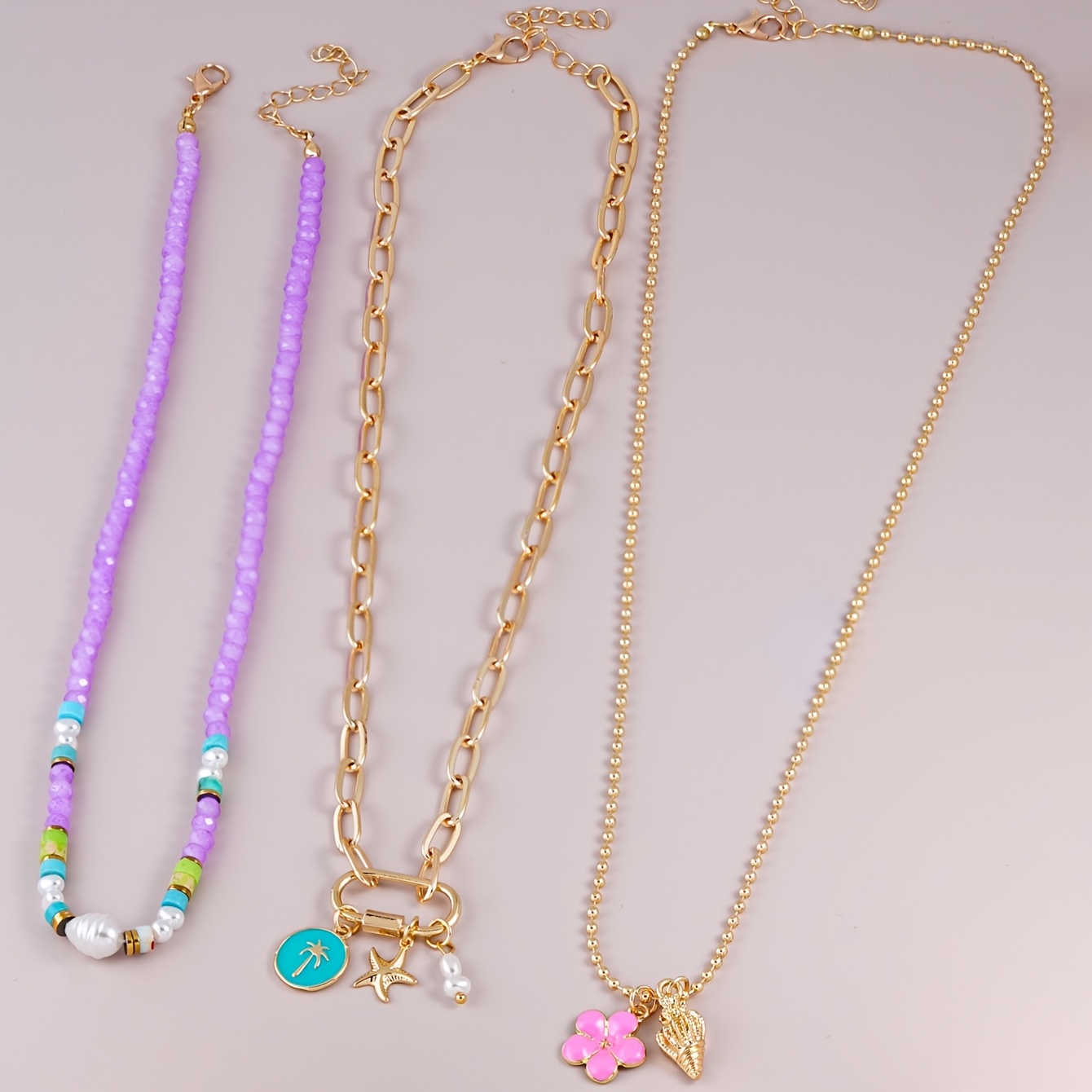 TEMU 3pcs Fashion Pendant Necklace, Fresh And Sweet Colorful Flower, Seashell, And Starfish Pendant Beaded Geometric Chain Layered Necklace, Suitable
