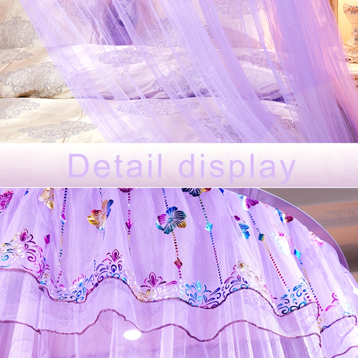 1pc elegant solid color dome hammock style mosquito net with sequins and floral lace trim machine washable fits 1 1 8m beds romantic bedroom decor and festive gift idea bed canopy decorative bedding sheer lace detail details 3
