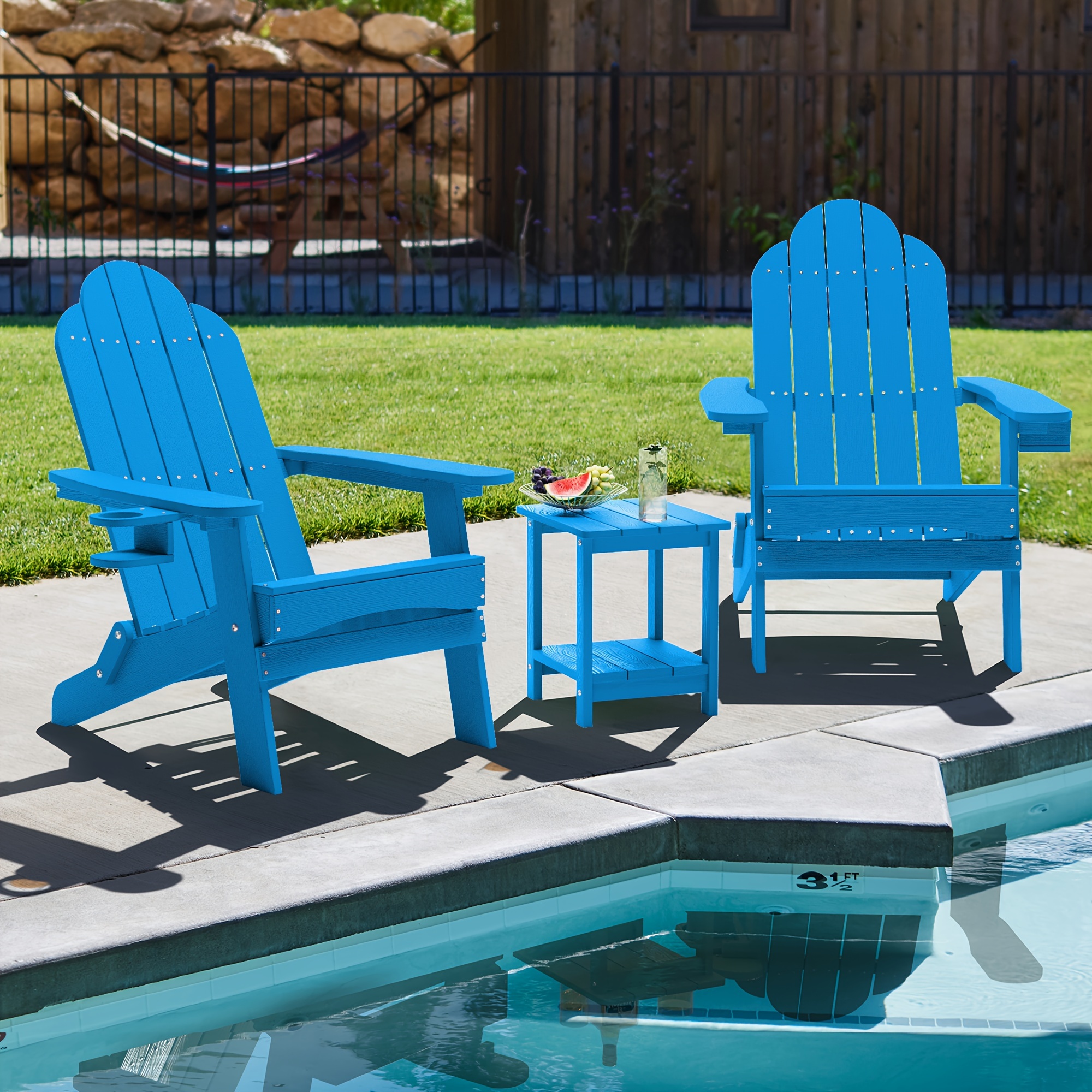 pool blue plastic adirondack chairs