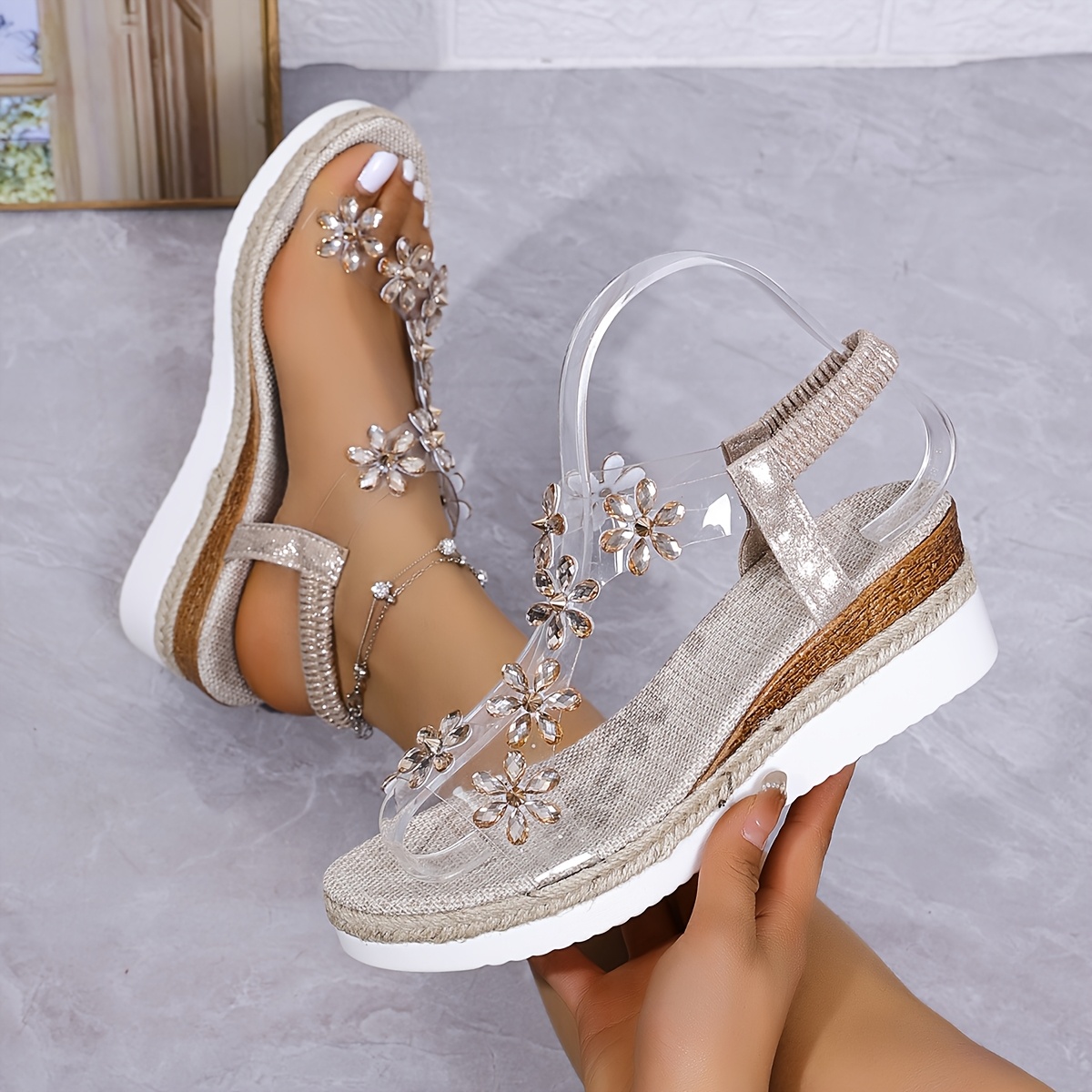 Women'S Elegant Black Floral Sandals with Clear Strap - Comfortable Wedge Heel, Open Toe Design, All-Season Footwear, Stylish Summer Sandals|Floral Embellished Sandals|Polyurethane Upper, Wedge Sandals