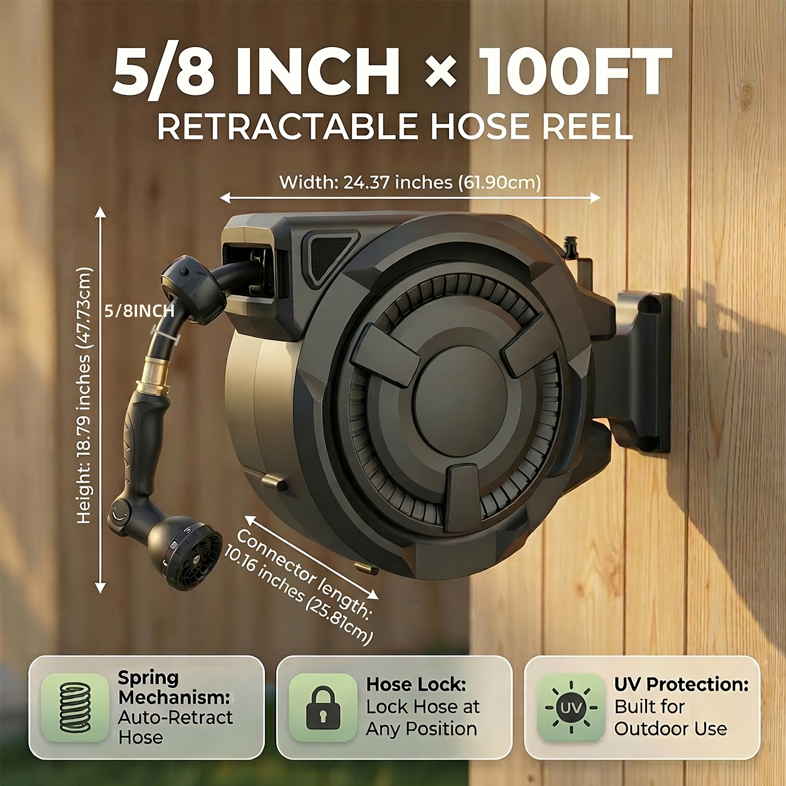 TEMU Garden Hose Reel 1/2in & 5/8in, 50ft-130ft Heavy Duty Automatic Hose Reel, Garden Water Hose Reel, With Slow , Heavy Duty Wall Mounted Hose Reel