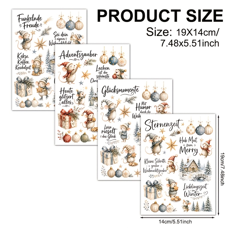 TEMU 4pcs, Vintage Watercolor Christmas Mouse German Pattern, Uv Dtf Waterproof And Scratch-resistant Vinyl Material, Suitable For Diy Crafts, Cups,