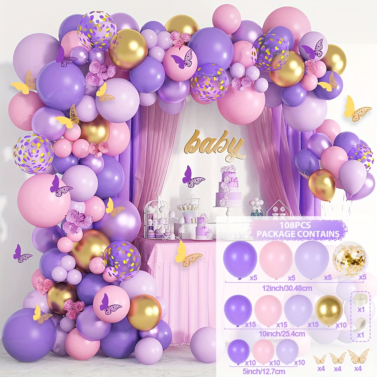 TEMU 108pcs, Purple And Balloons Garland Arch Kit Latex Balloon, Birthday Party Decor, Adult Wedding Balloon Baby Shower Decor Balloons Globos