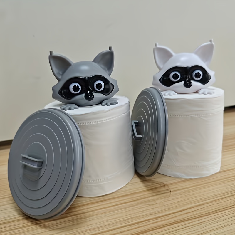 Image of 2pcs Adorable 3d Printed Raccoon Toilet Paper Holder - Black & White Bathroom Decor With Eyes, Durable Plastic Freestanding Or Over-jar Mount, Space- Novelty Gift For & Quirky Home Accessories