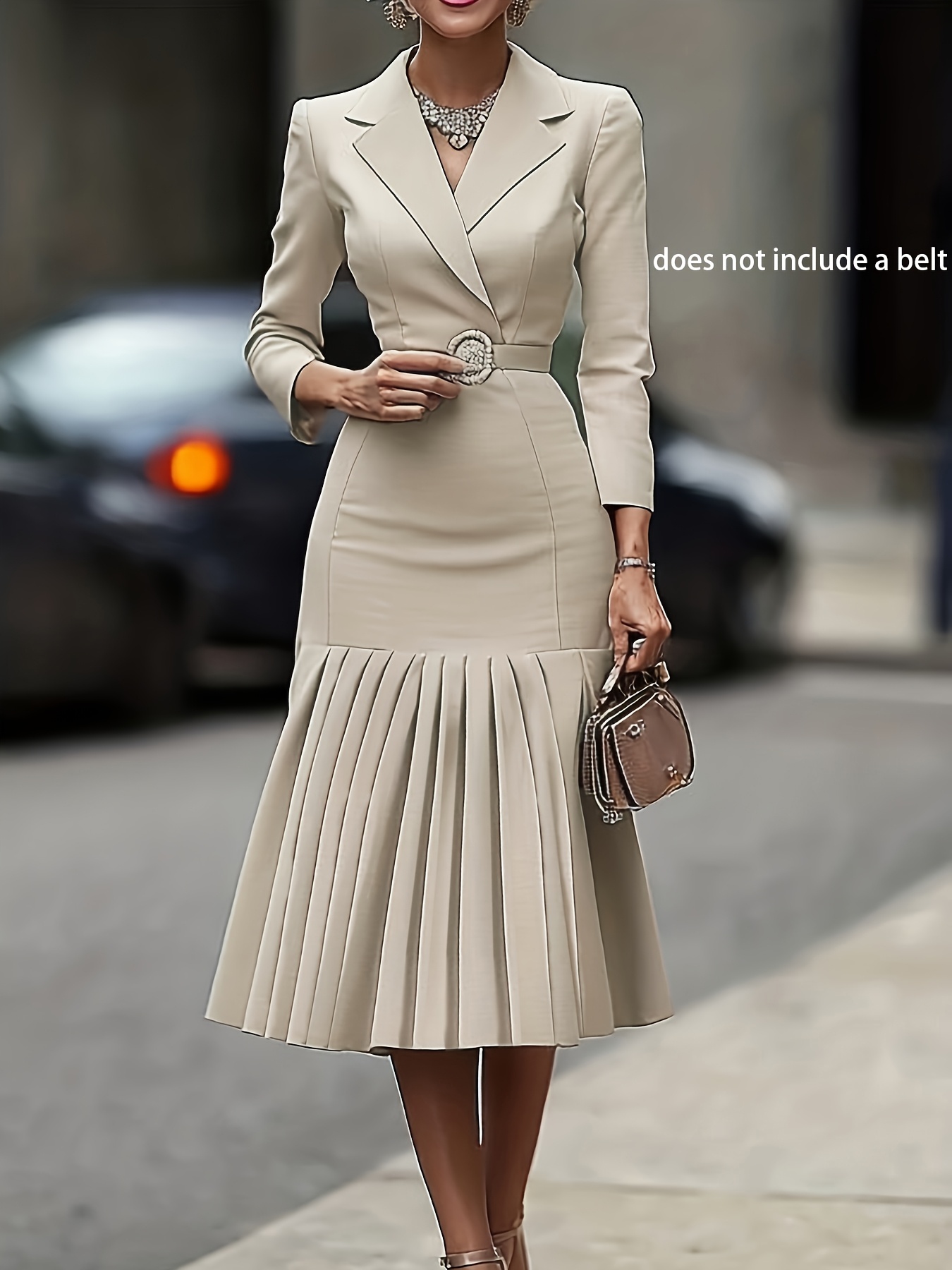 womens business casual suit dress beige notch lapel pleated - Temu Cyprus