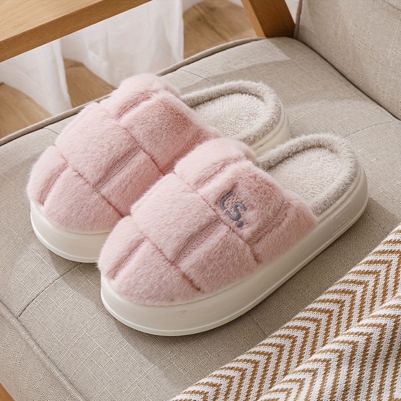 mens casual comfortable solid color furry slippers warm cozy slip on home shoes for autumn and winter details 2