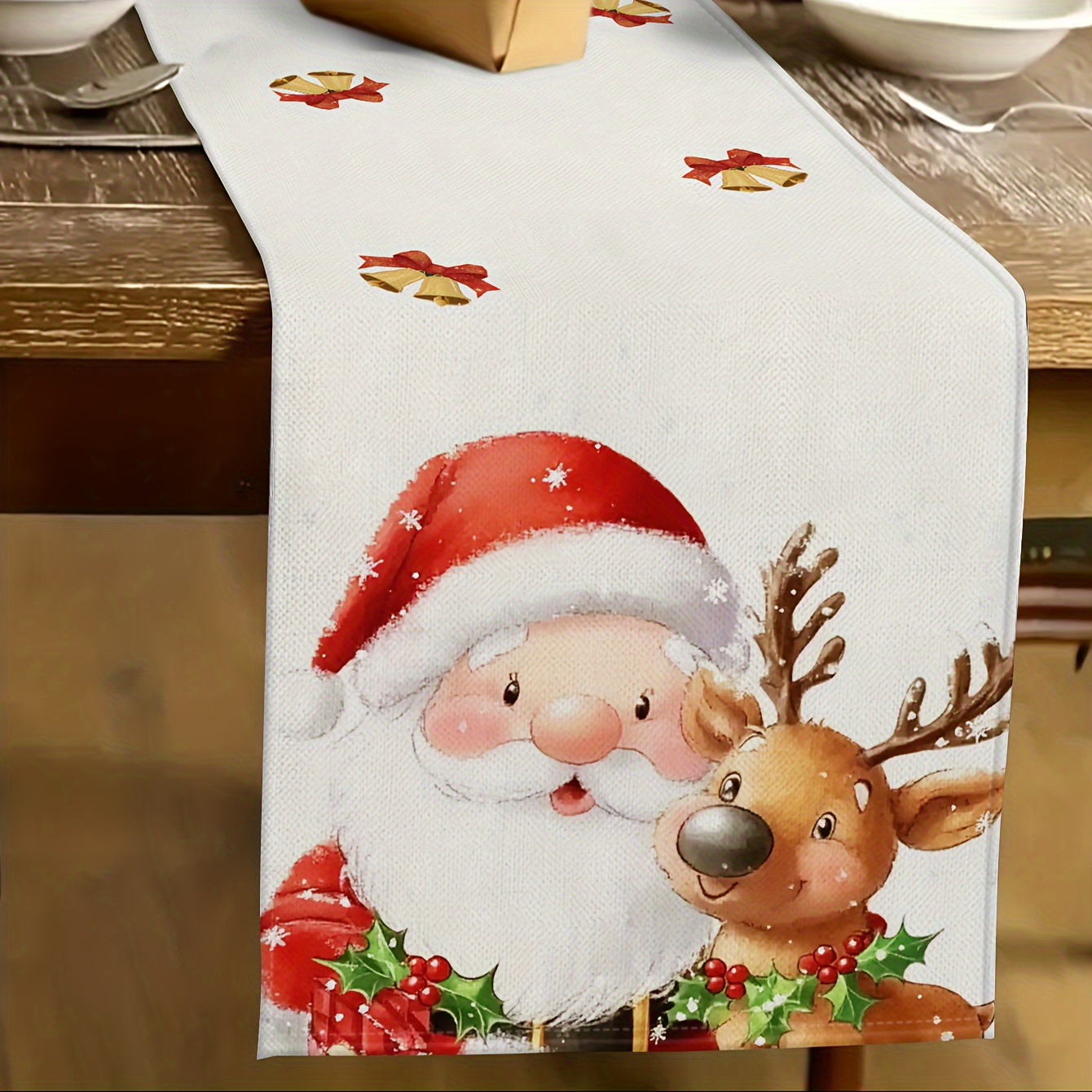 

Christmas Linen Table Runner With Santa Claus And Reindeer Design - Festive Knit Fabric Rectangular Table Decoration For Holiday Season Indoor And Outdoor Gatherings 100% Linen