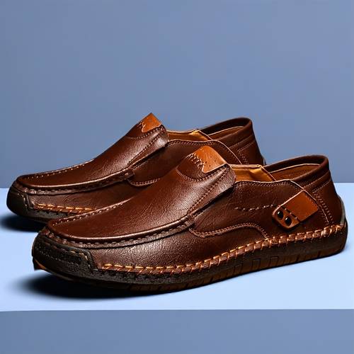 mens hand stitched genuine leather loafers breathable low cut slip on casual shoes with rubber sole round toe decorative stitching for wear indoor outdoor use wedding formal events formal footwear classic durable footwear