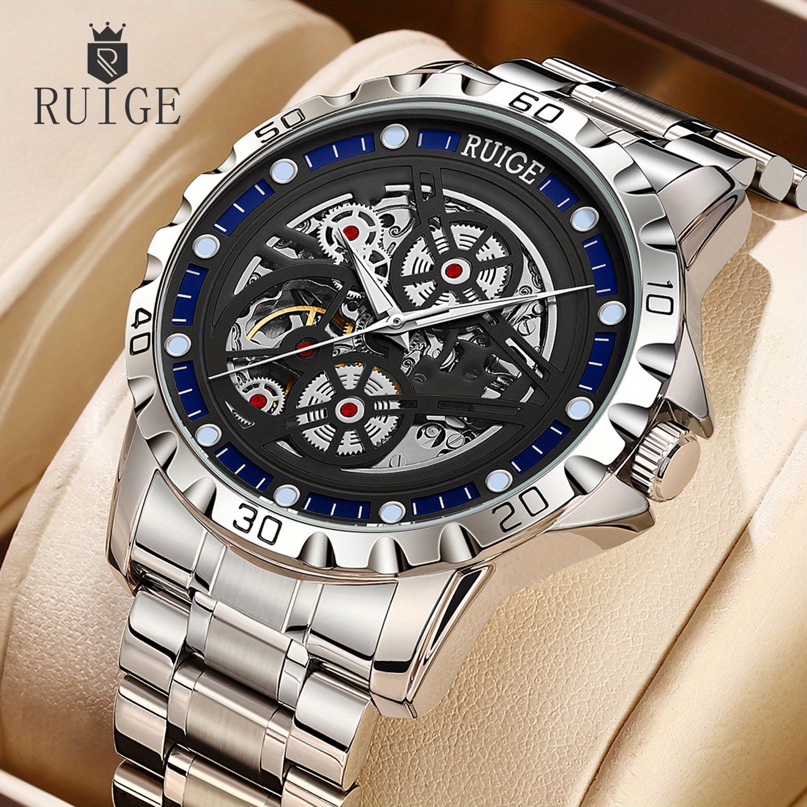 Stylish Men' Mechanical Watch With Stainless Steel Strap, Hollow Round Dial, Luminous Hands, Perfect As Gift For Men, Without Battery