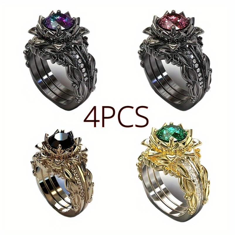 

4pcs Luxurious 3-piece & Flower Style Ring Set With Rainbow For Men Women, Elegant Court-inspired Bridal Engagement & Anniversary Fashion Jewelry Daily Transformation Luxury Design Flower Shaped Ring