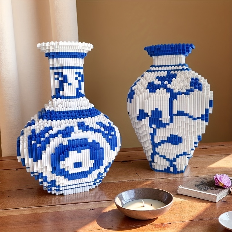 2pcs combination set blue white porcelain vase interlocking - Temu