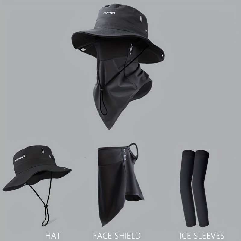 /3pcs Wide Brimmed Sun Hat, Men'S Outdoor Hat, Soft And Breathable, Sun Protection Three Piece Set, Sun Protection Face Mask, Sun Protection Ice Sleeve Cover, Suitable for Outdoor Travel And Outdoor Work, Without Battery