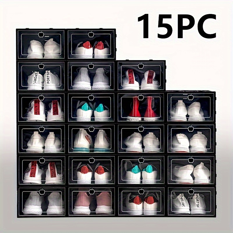 15pcs stackable shoe organizer set transparent plastic storage boxes with flip lids for home dorm space saving design details 1