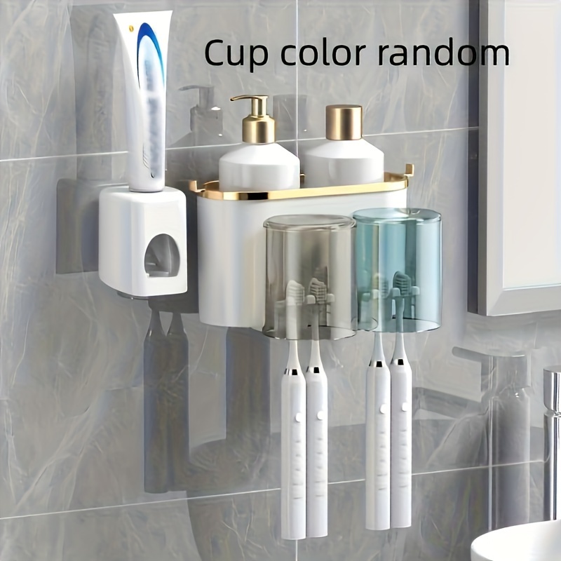 TEMU Toothpaste Dispenser With Toothbrush Holder, Wall Mounted Toothbrush Storage Box With Cup, Space Saving Toothbrush And Cup Bathroom Rack, Bathroom Accessories