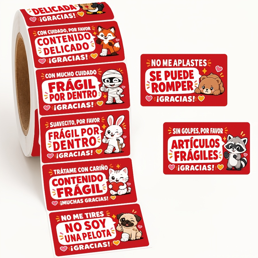 TEMU Rollo de 500 etiquetas de envío frágiles en español, 10 diseños variados con cuidado y quebradizos , pegatinas de advertencia autoadhesivas ,