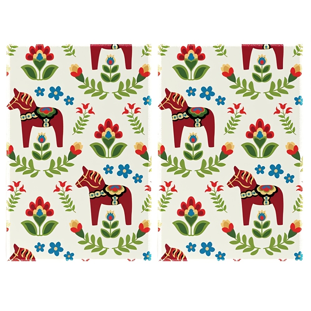 TEMU 2pcs Swedish Dalarna Kitchen Towels, Soft And Absorbent Dishcloths And Hand Towels, Floral And Blue, Yellow Dalarna Pattern Single-sided Modern