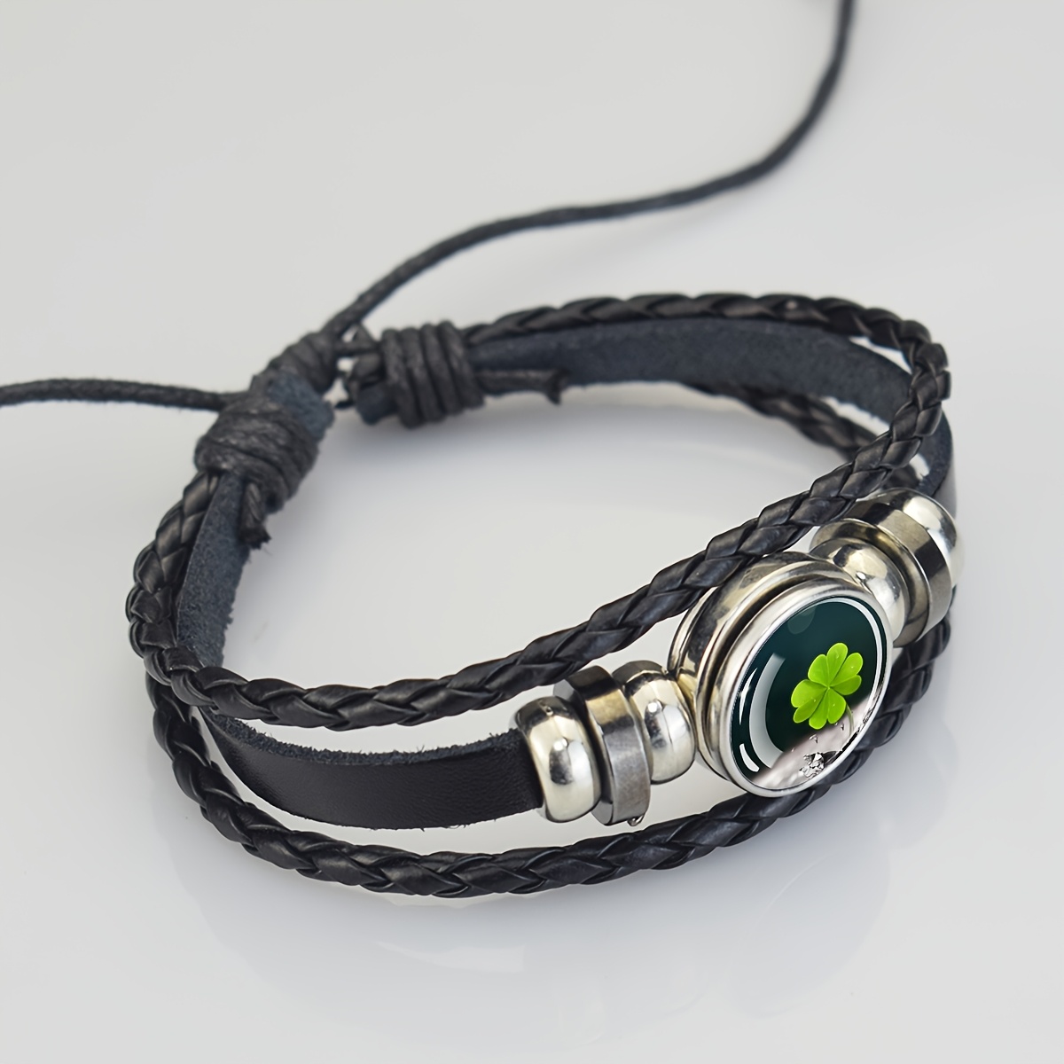 Men's Adjustable Four Leaf Clover Faux Leather Bracelet, Irish Gift