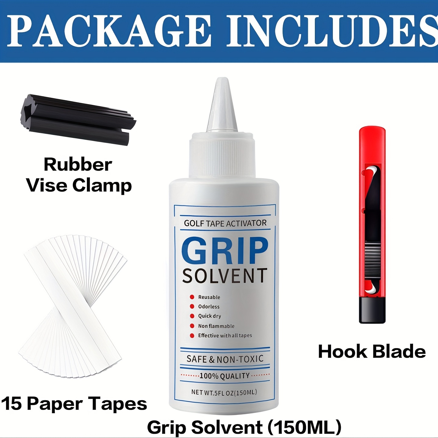 TEMU Gkandi Golf Grip Kits For Regripping Golf Clubs Hook Blade, Grip Tape Strips, Grip Solvent, Rubber Vise Clamp 1 Set