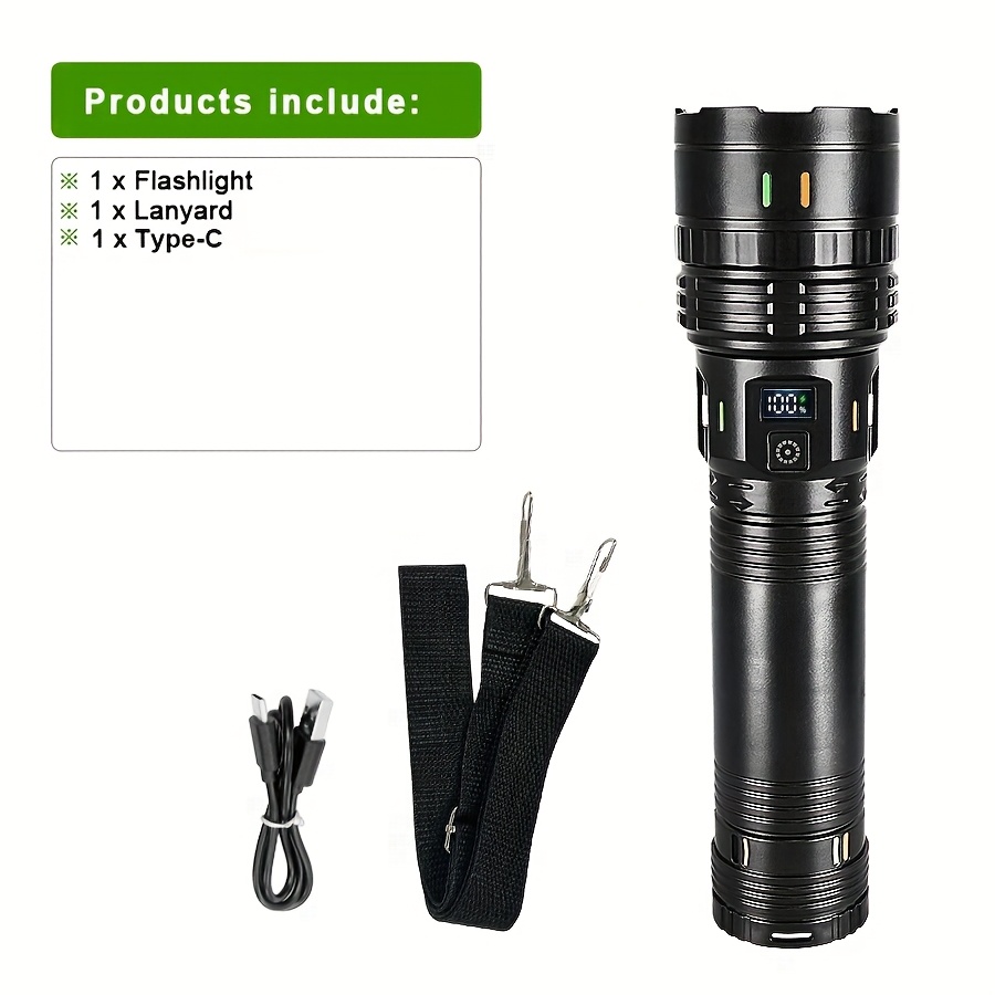 1pc Led Flashlight With 3600mah Rechargeable Battery, Ip44 Rating, Focus & Shoulder Strap For Home Emergency, Camping, Spring Festival Gift Ideas