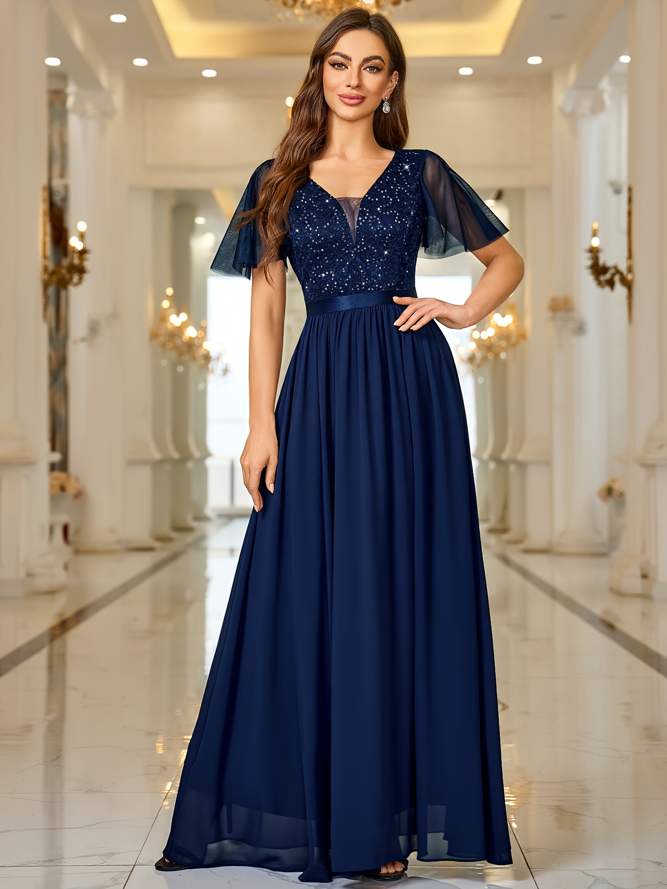 chinese dress ladies Elegant Lace Bodice Cap Sleeve Empire Waist Bridesmaid Dress