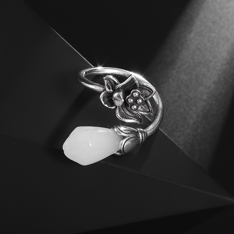 Vintage Lotus Open Ring, Artistic Floral Design for Women