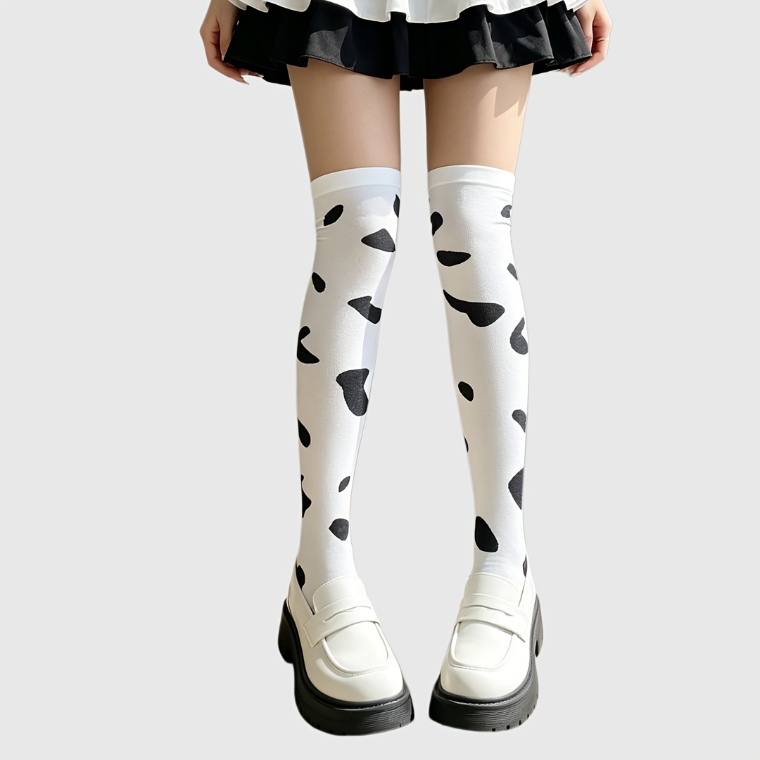 TEMU Spring/summer Cow Print Over-the-knee Thin Stockings, Cute Black And White Spotted Long Thigh High Socks