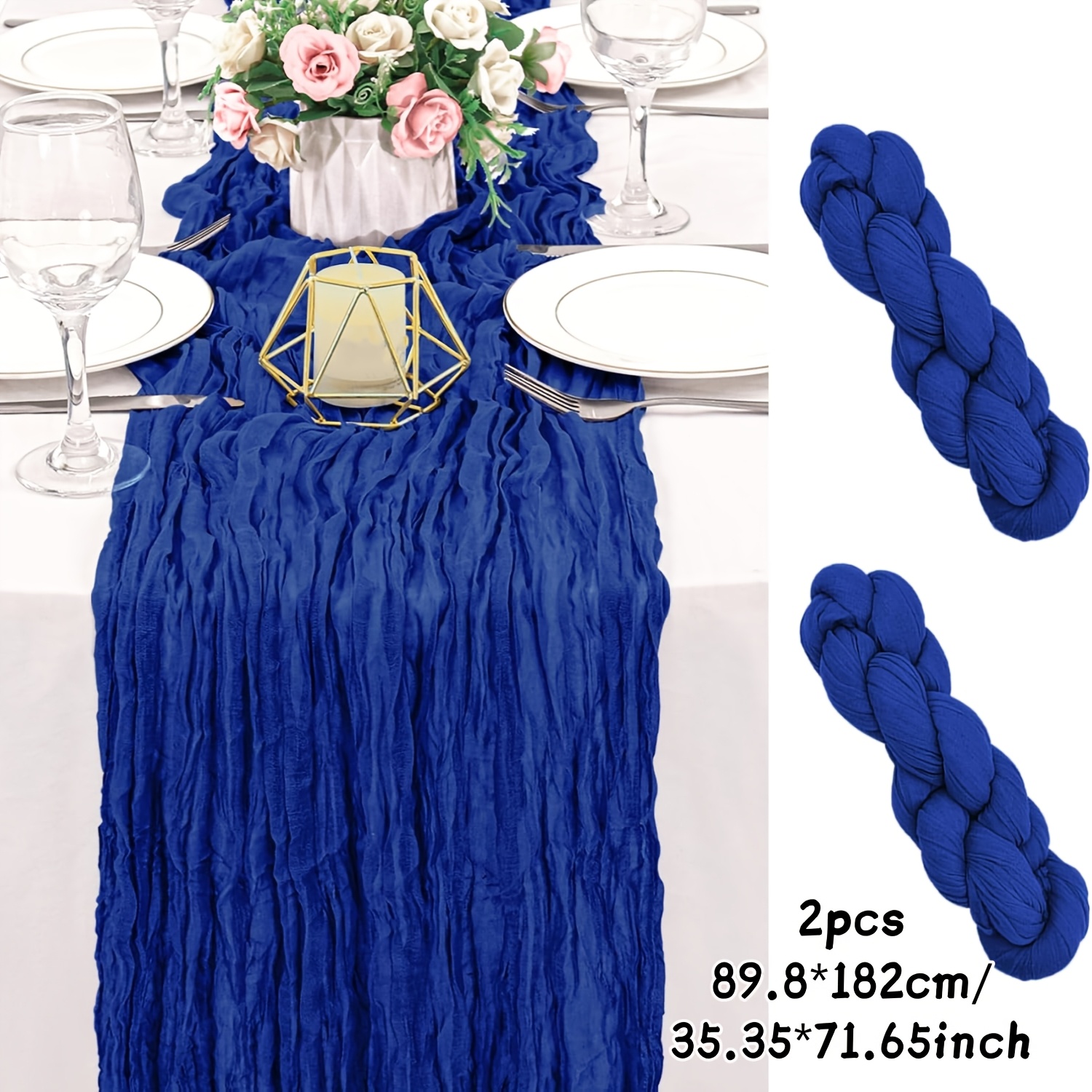 TEMU 2pcs Royal Blue Cheesecloth Table Runner Set (35.35 X 71.65 Inches) - Sheer, Romantic Boho Gauze Table Runners; Suitable For Weddings, Parties,