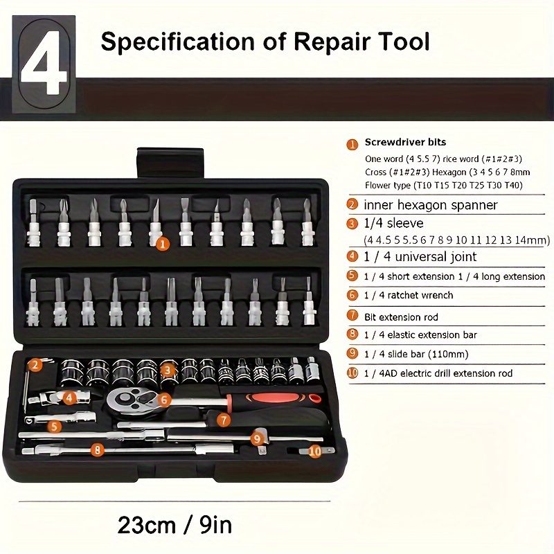 46pc ratchet wrench with socket metric and extension rod suitable for car repair and engineering kit storage box details 2