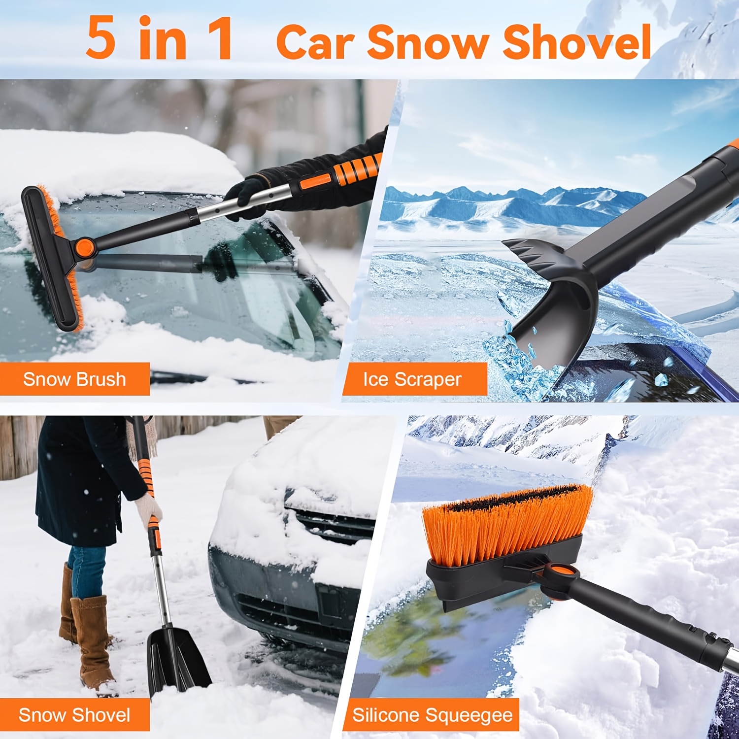 Kit Balai et Pelle à Neige 5-en-1 | Extensible à 270° avec Poignée en Mousse, Grattoir à Glace pour Pare-brise de Voiture, Essentiels d'Hiver, Urgence pour Voiture, Camion, SUV - MOTOMATE