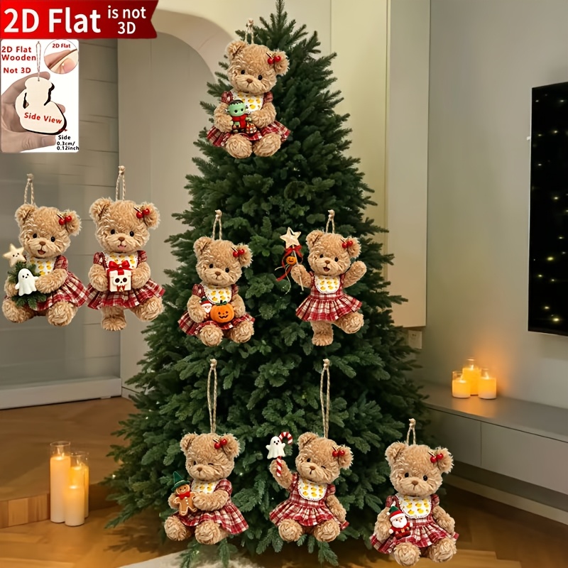 TEMU 2d Flat, 8pcs Christmas Night 2d Flexible Little Bear Wooden Ornaments With Rope, Outdoor Party Decorations, Christmas Decor, Outdoor Christmas