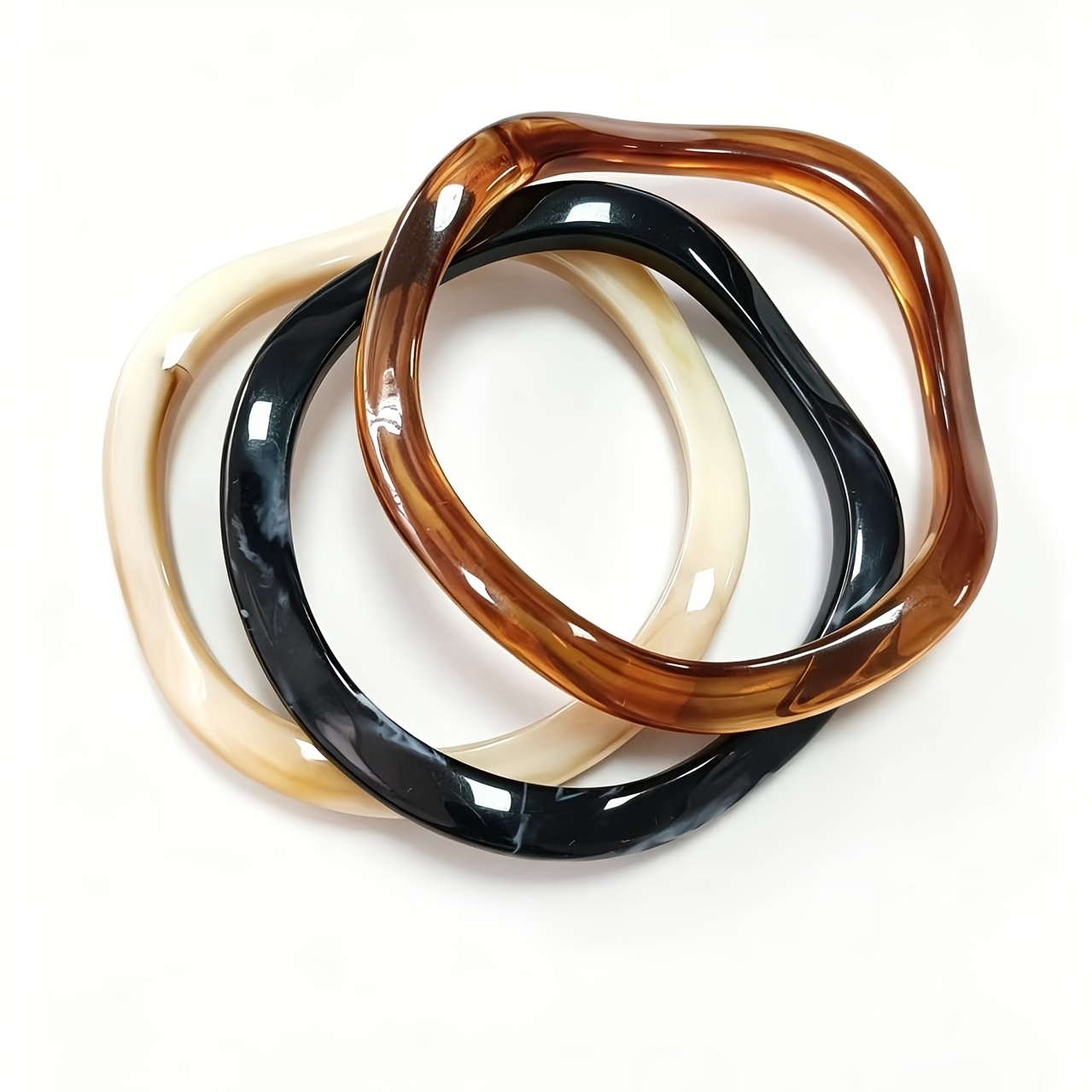 TEMU 3pcs Set Color-block Style, European And American -back , Irregular Wavy Curved Resin Bangle Bracelet, Three-, Worn Singly Or Stacked. Suitable
