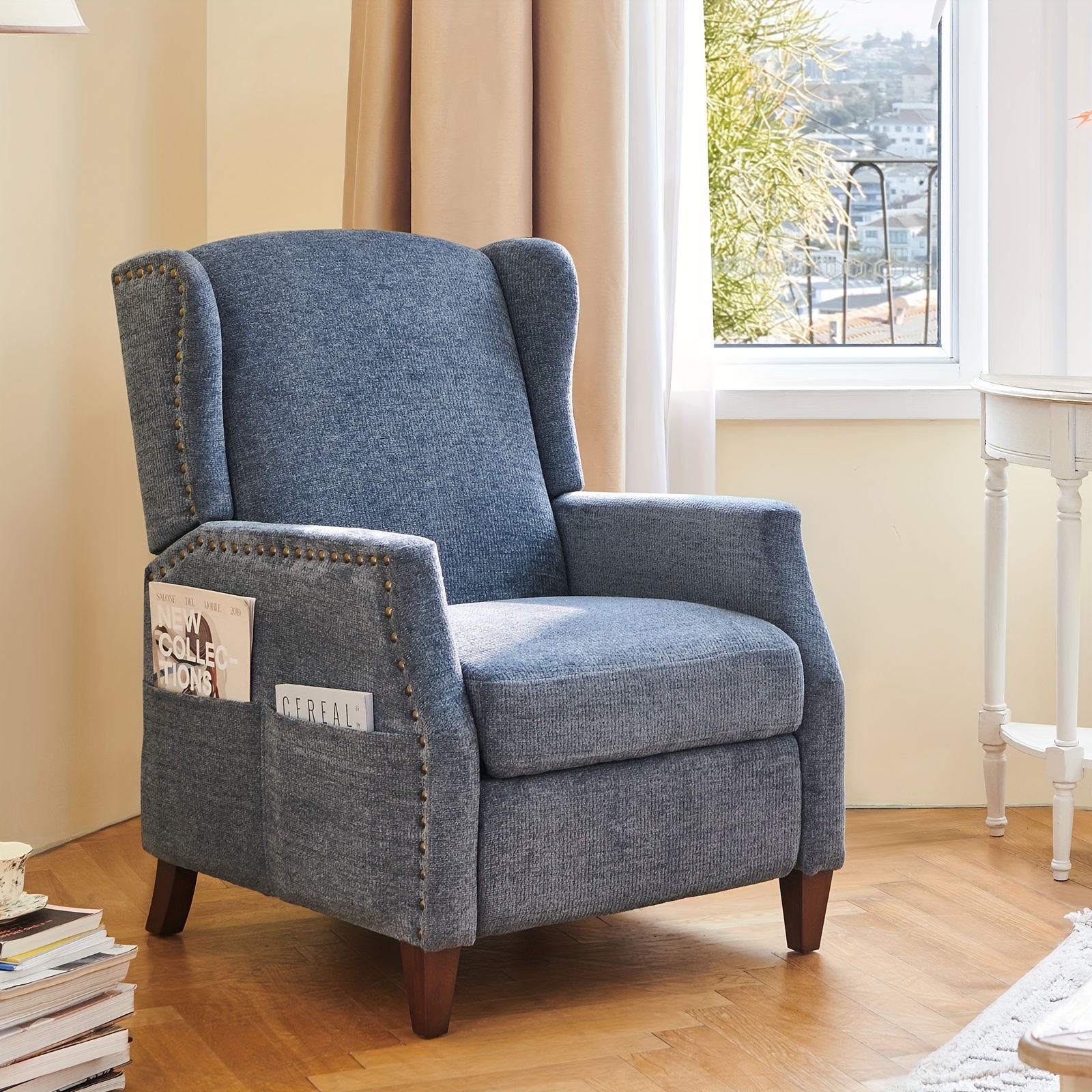 

Colamy Wingback Pushback Recliner Chair With Storage Pocket, Upholstered Fabric Living Room Chair Armchair, Darkblue