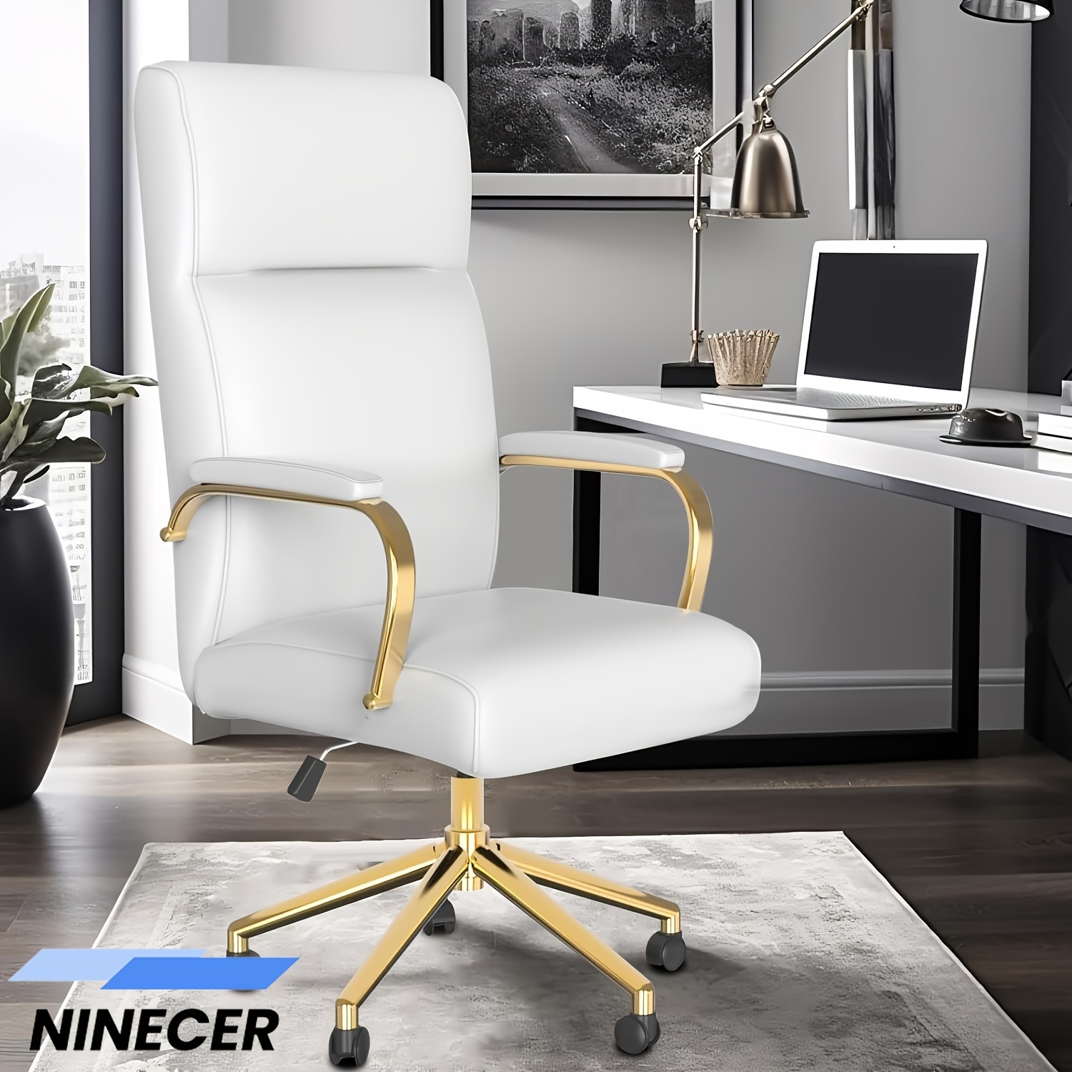 

Chair, White Leather Office Chair With And Wheels, High Back Gold Executive Office Chair With Back Support For Women Girls And Adults, White