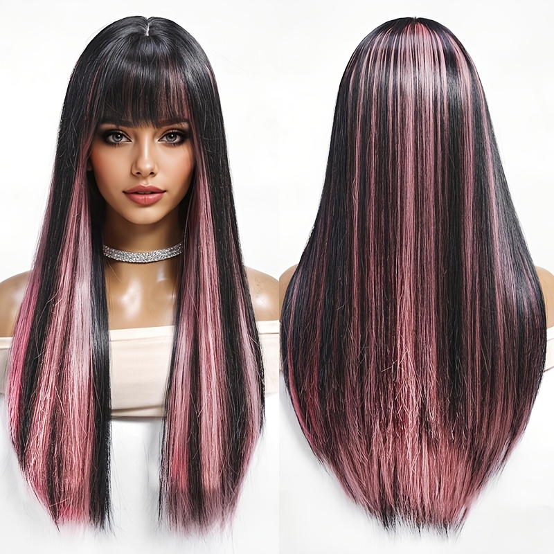 Image of 22 Inch Black Pink Highlight Straight Wig With Full Fringe, Y2k Sweet Synthetic Wig For Daily & Fancy Dress Party
