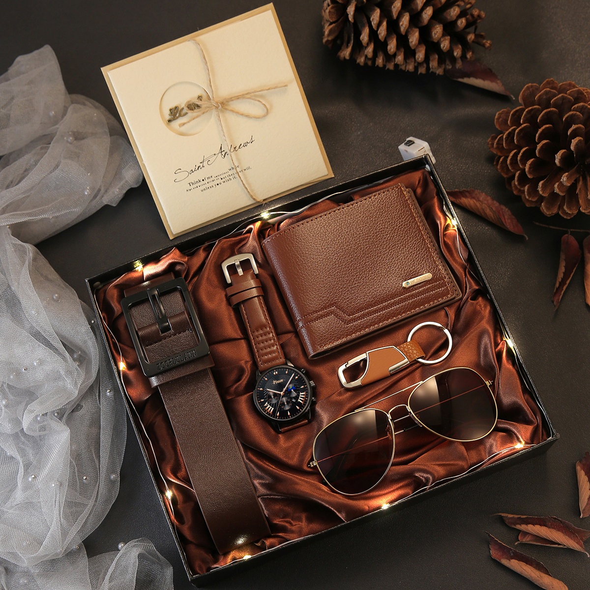7pcs Men's Luxury Gift Box Set - Elegant Brown -like Texture Wallet, Belt, Keychain, Glasses Case & Card Holder - Complete Accessory Collection with Gift Box & Ribbon - Birthday/Valentine's/Anniversary Gift for Men - Sophisticated Men's Fashion Set with Belt Loop Compatibility - Ideal for Everyday & Formal Events