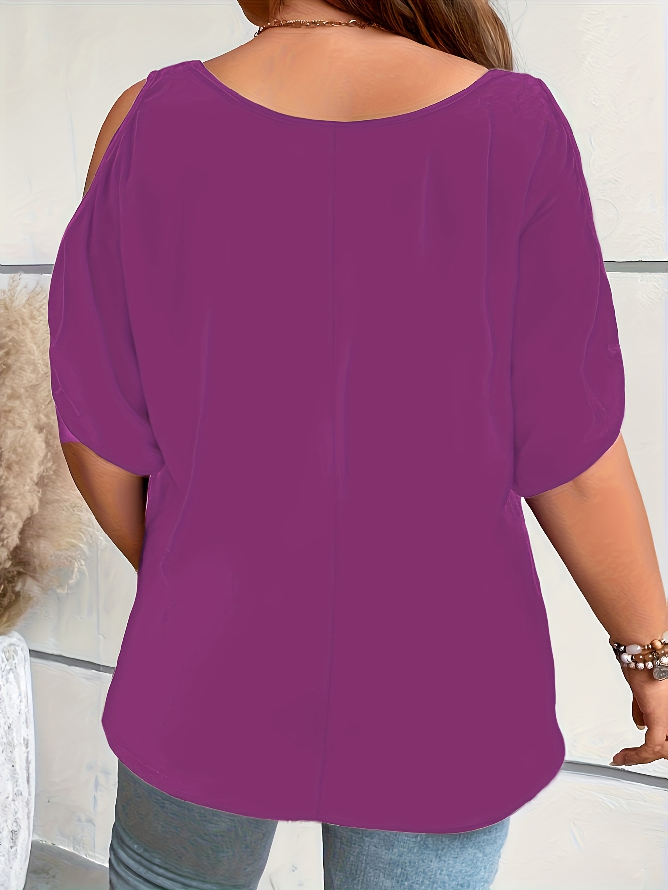 Plus Size Solid Cold Shoulder T-Shirt, Casual Crew Neck Short Sleeve T-Shirt, Women's Plus Size?Clothing