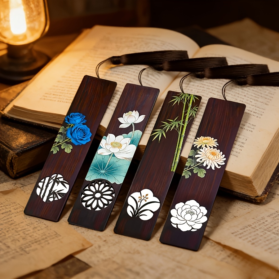 TEMU Juego de 4 elegantes marcapáginas de madera con borlas - Diseños intrincados con patrones de , azul, bambú y - Regalo ideal para lectores,