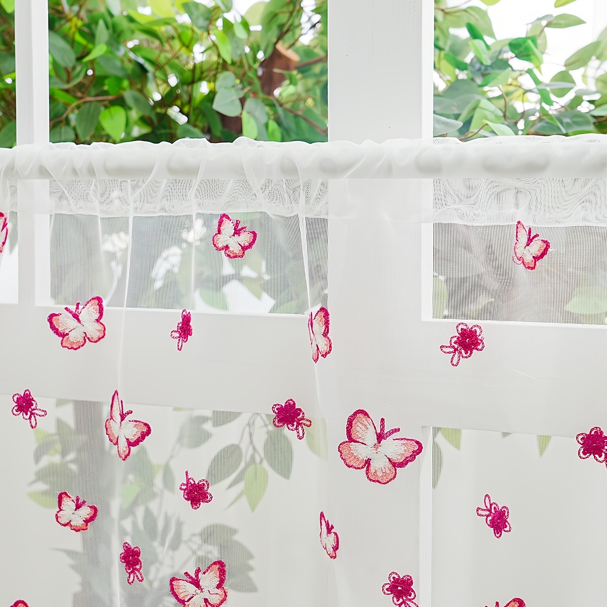 Image of 1pc/2pcs Spring Embroidered Curtain Sheer With Rod For Easy Hanging- Adjustable, Washable, Floral Pattern, Perfect For Bedroom, Canteen, Kitchen, Or Coffee Shop Decor, No Rod
