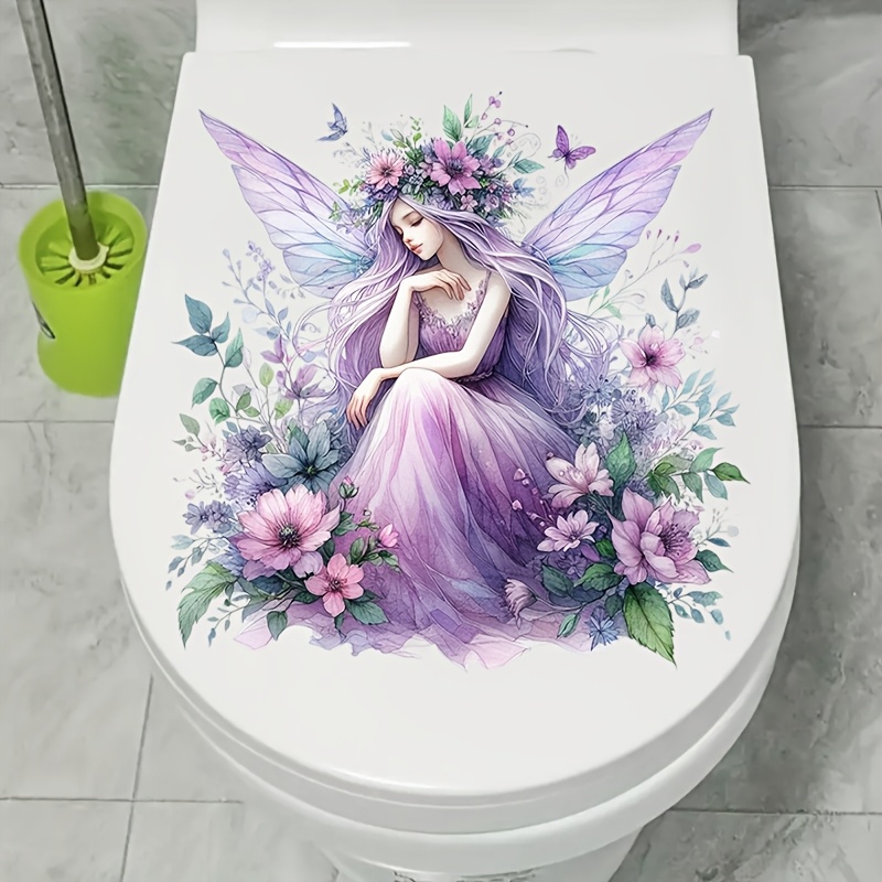 

Fairy & Floral Decal - Easy-to-apply, Reusable Wall Art For Bathroom, Toilet Lid, Fridge, | Semi-matte , Cartoon-style Sticker With Vibrant Flowers & Butterflies | Perfect Decor Accessory