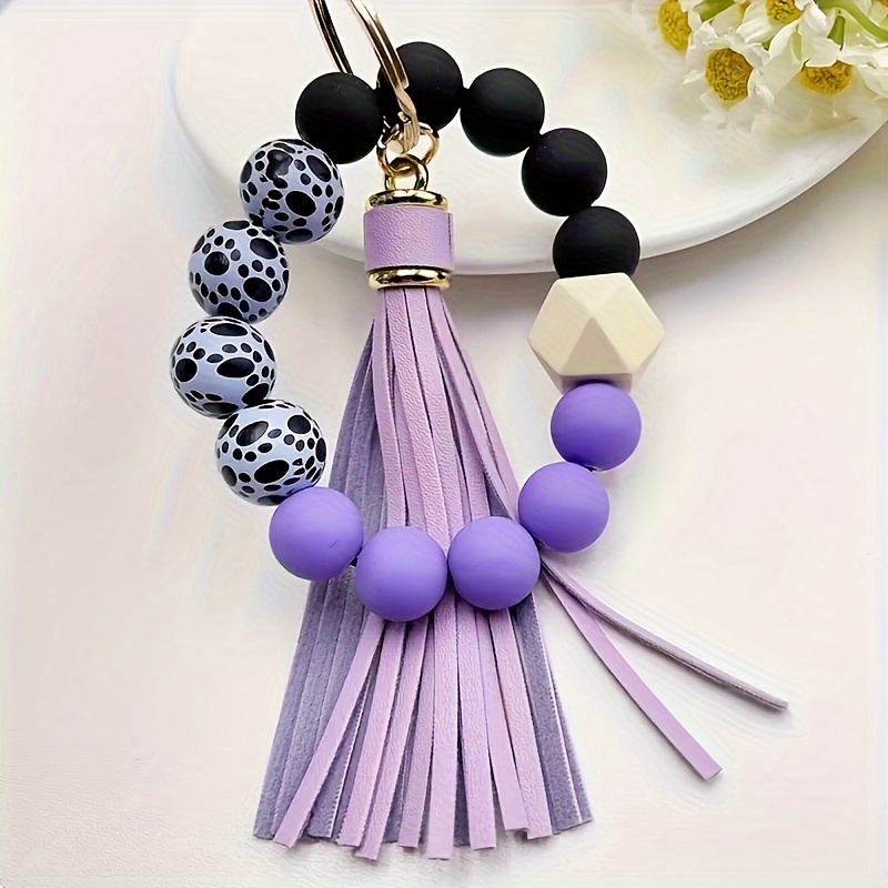 

Men's Fashion Silicone Bead Wristlet Keychain With Tassel & Wooden Beads - Bag Charm